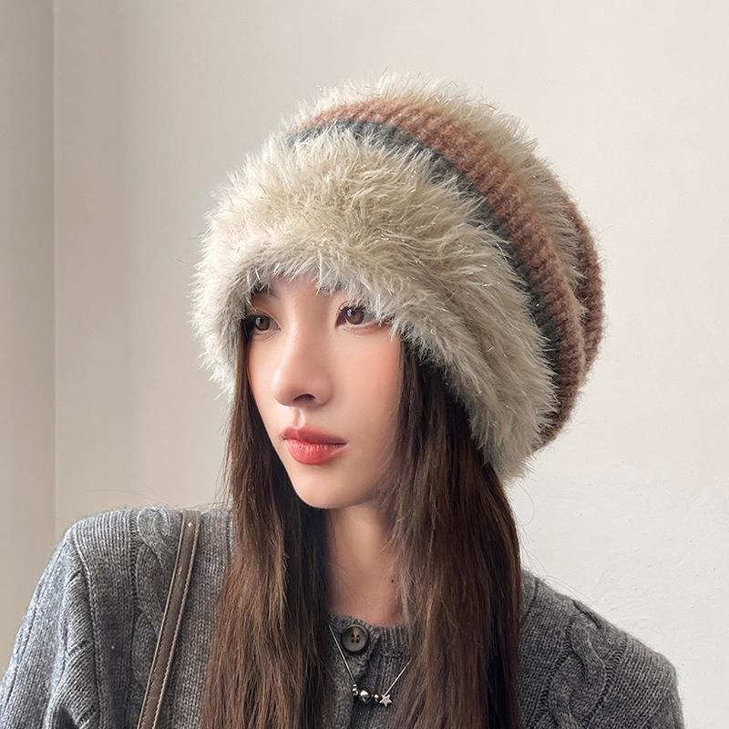 Женская осенне-зимняя теплая утолщенная защитная шапка с холодным мехом и бархатом для улицы, ворсовая кепка, милые полосатые шапки