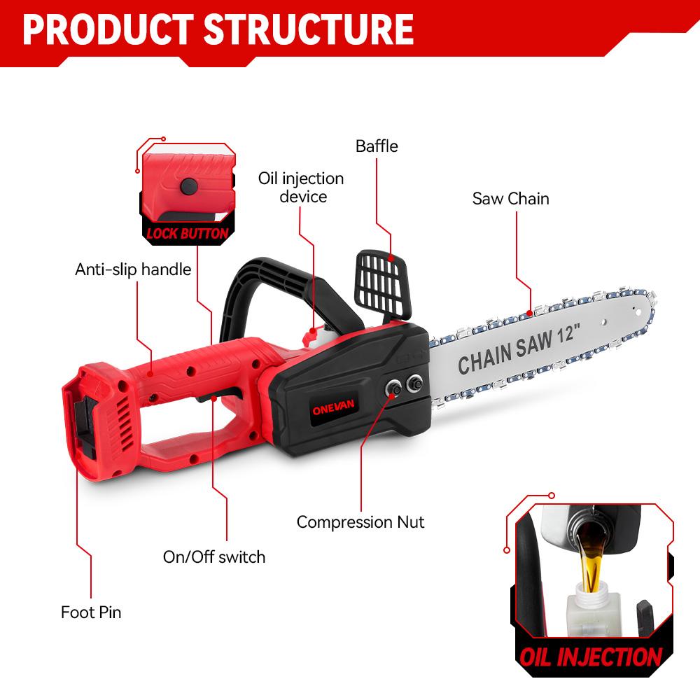 ONEVAN 12-дюймовая бесщеточная электрическая цепная пила аккумуляторная 6600 Вт аккумуляторная пила садовые электроинструменты для Makita 18 В аккумулятор