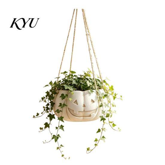 Durable Resin Planter Pumpkin Shaped Hanging Plant Pot, 4.3 Inch Lightweight Flower Adjustable Garden Decor Rope Mini Pots for Indoor Outdoor