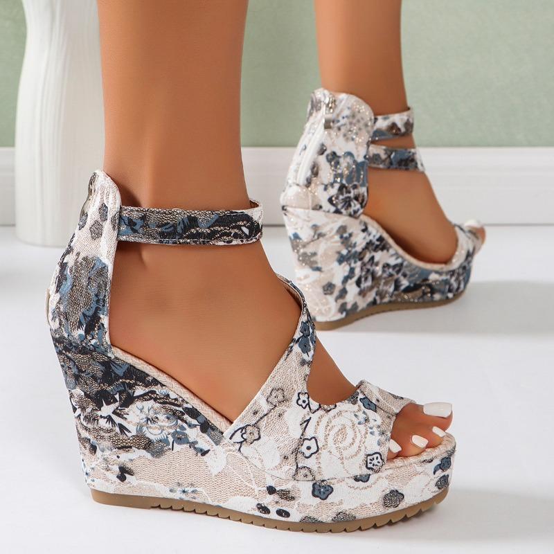 2024 Heel Footwear Ladies Shoes Platform Floral Women's Lace-up Wedges Comfy Wedge Sandals for Women Dressy Sandals for Women