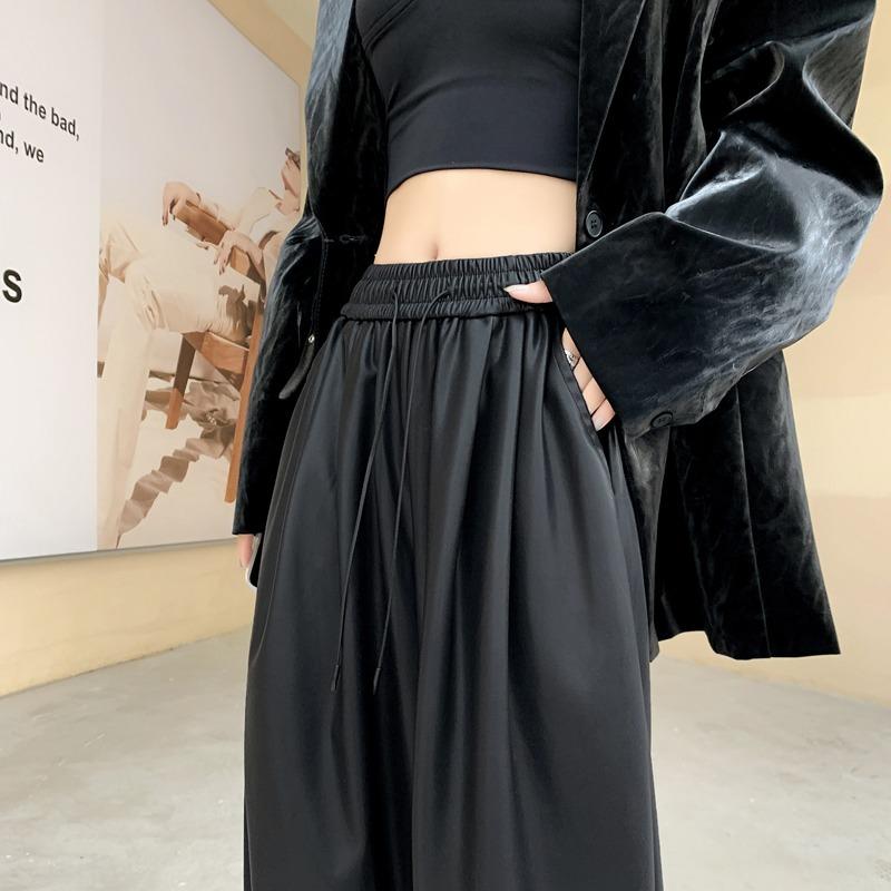 Модные уличные черные широкие брюки из искусственной кожи, женские однотонные прямые свободные повседневные брюки, женские элегантные облегающие винтажные женские брюки с высокой талией 25620