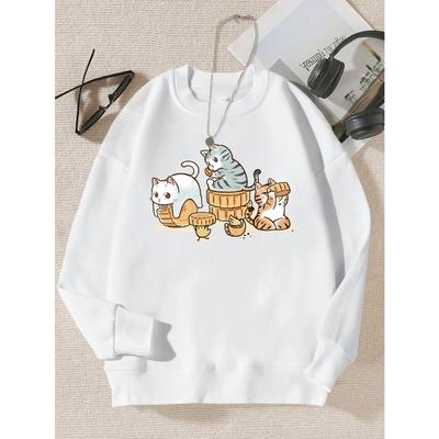 Принт «Кошка, тайно поедающая пирожные», женские пуловеры, простой повседневный худи, осенний свободный свитшот, хипстерская спортивная одежда