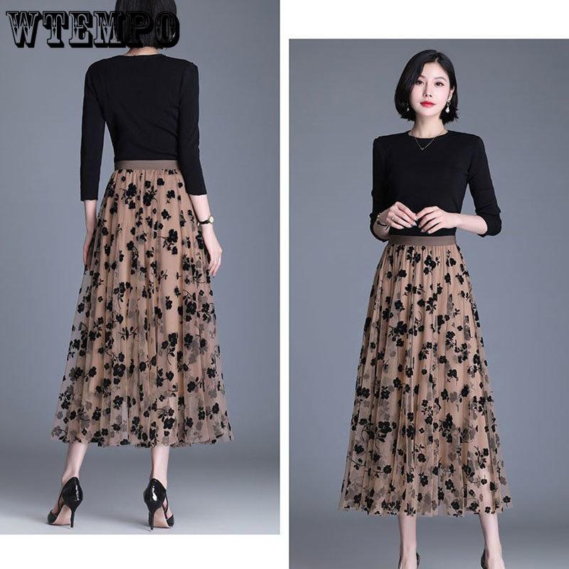 WTEMPO Сетчатые однотонные юбки с цветочным принтом, женские весенне-летние черные длинные газовые юбки, эластичные элегантные пышные юбки с высокой талией