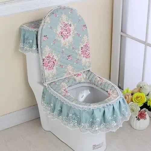 Декор из кружевной ткани с принтом Коврик для унитаза из трех частей Большая юбка Подол Чехол на сиденье для унитаза с молнией Пылезащитный чехол для унитаза