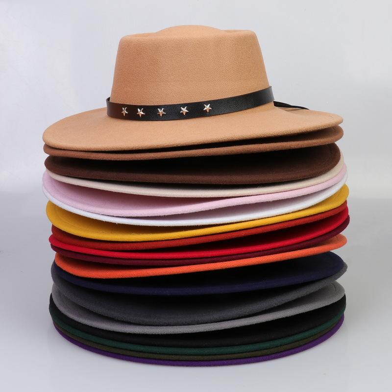 Women's autumn and winter flat top hat, five-pointed star belt accessories, woolen hat, Panama jazz hat, men's top hat
