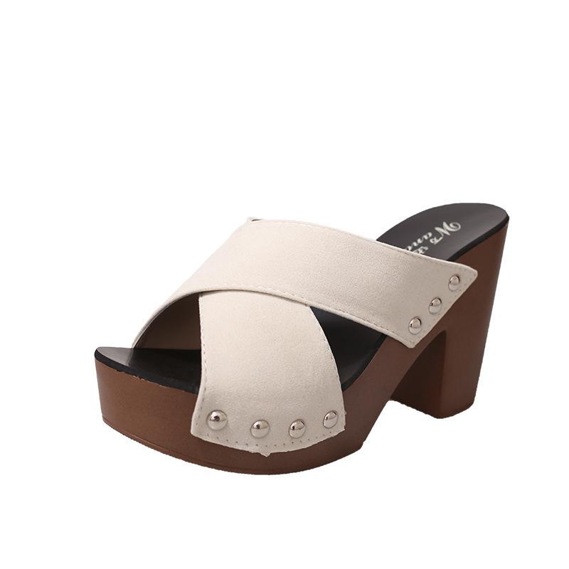 Summer New Casual Fishbill Shoes Rivet Cross Tie Heel Sandals Fashion Open Toe Slippers Waterproof Platform Roman Shoes