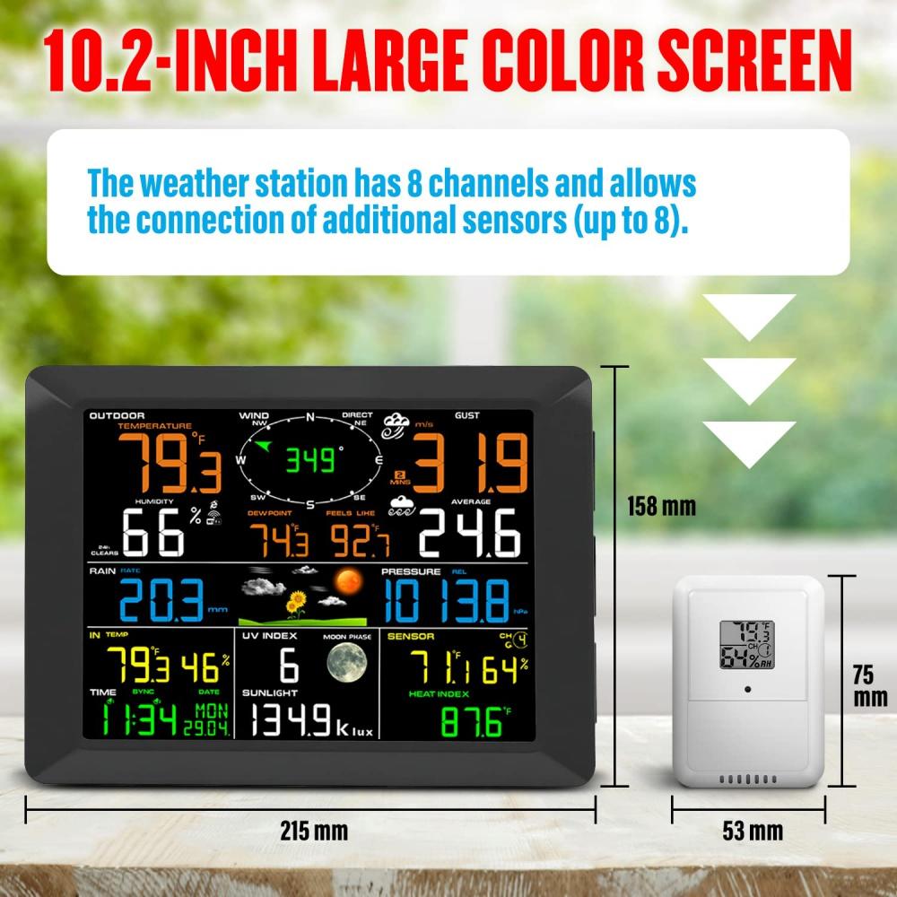 Professional Internet WiFi Weather Station with Outdoor Sensor Remote Monitoring System, 10.2 Inch Color Display with Rain Gauge, Temperature and UV
