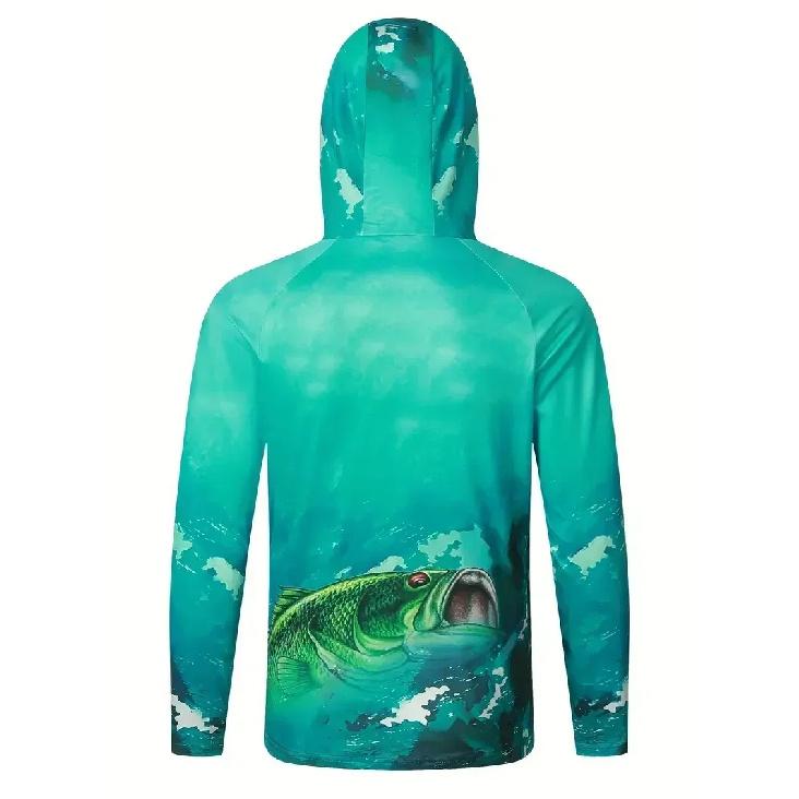 Men UPF50+ Blue Camo Fishing Hoodie With Face Mask Quick Dry Long Sleeve Sun Protection Outdoor Fishing Sports Shirts