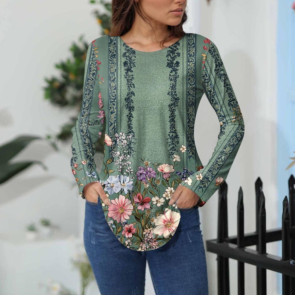 Рубашки для женщин Милые винтажные узоры с принтом Футболка с длинным рукавом Туника Топы Хлопковые пуловеры