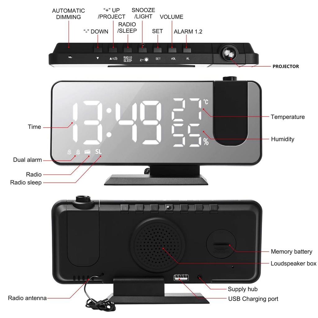 Digital Projection Alarm Clock Large LED Screen Alarm Clock Radio Loud Dual Alarm Clock for Heavy