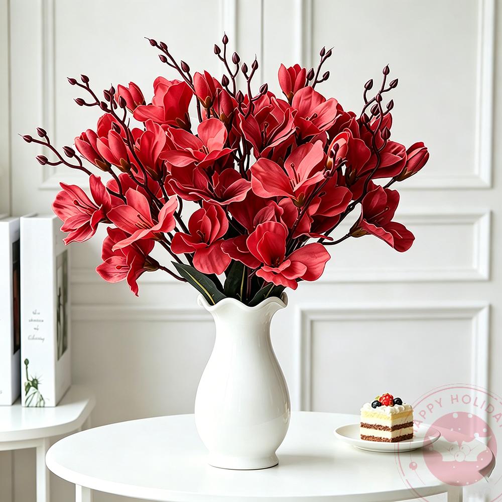 Red White 5 Forks 20 Head Artificial Magnolia Flower For Home Living Room Table Decoration Bride Wedding Party Flower Bouquet 5