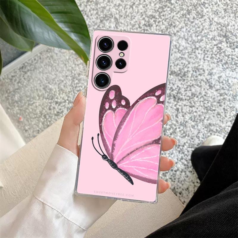 Beauty Pink Butterfly Phone Case S25Ultra For Samsung Galaxy S25 S24 S23 S21 Ultra S20 FE S22 Plus A35 A55 5G Case Clear Cover