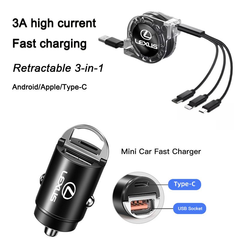GJEE1 Car Quick Charger Type-C USB Port 3-In-1 Charging Line For Lexus F SPORT LBX NX RX 350h 450h ES UX 300e GS GX IS LS LX CT LC RC