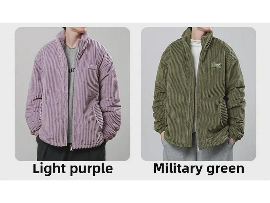 2024 Мужское и парное толстое ветрозащитное вельветовое хлопковое пальто: Американский ретро-воротник-стойка, устойчивый к холоду, для осени/зимы.