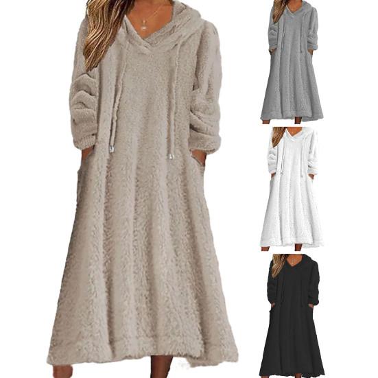 Women Fuzzy Fleece Midi Dress Long Sleeve Warm Plush Dress Hooded Drawstring Sweatshirt Dress with Pockets