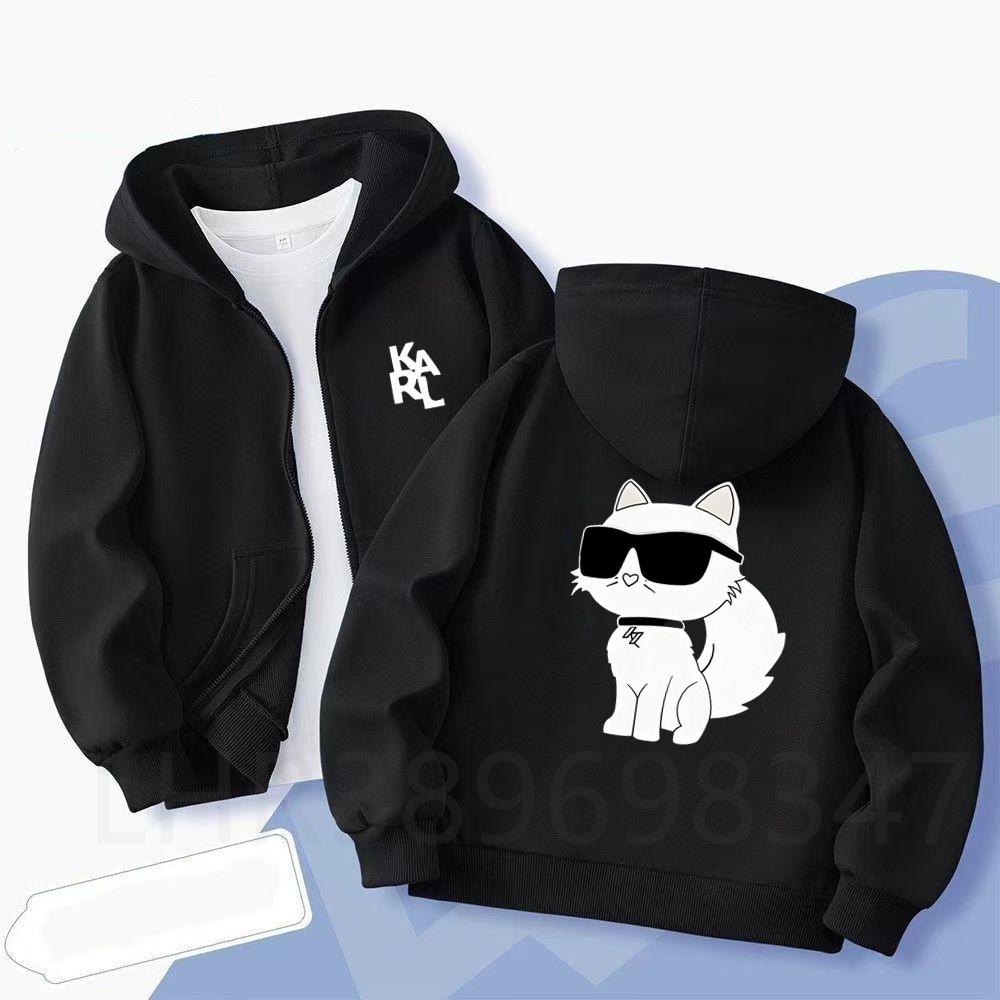 Children Hoodie Black Cat White Cat Zip Up Cardigan Tops Girl Pink Boy Coat Hoodies Kid 3-12 Year Autumn Zipper Style