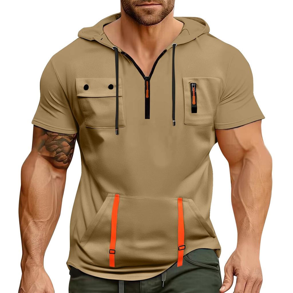Мужская летняя рубашка с карманом на молнии, коротким рукавом, с капюшоном, мужская спортивная повседневная толстовка большого размера