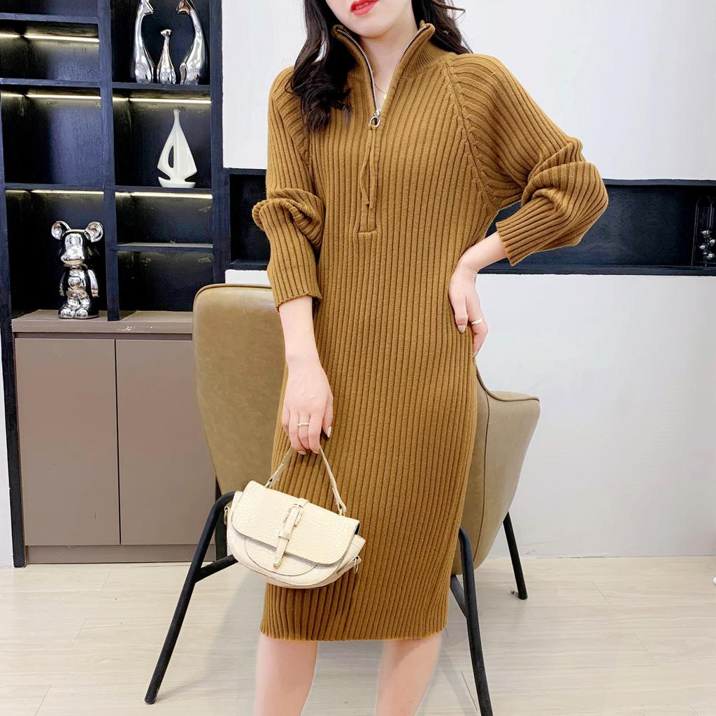 Temperament Autumn and Winter New Knitted Dress Medium and Long Half Zipper Loose Casual Stand-up Neck Sweater Skirt Women's Clothing