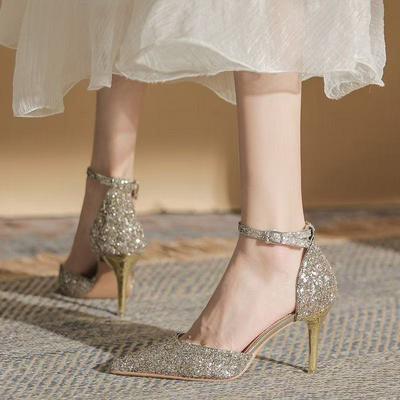 Модная французская новая остроносая с мелким вырезом темпераментная элегантная обувь на высоком каблуке с пайетками и бантом, женская обувь на тонком каблуке с жемчужной линией