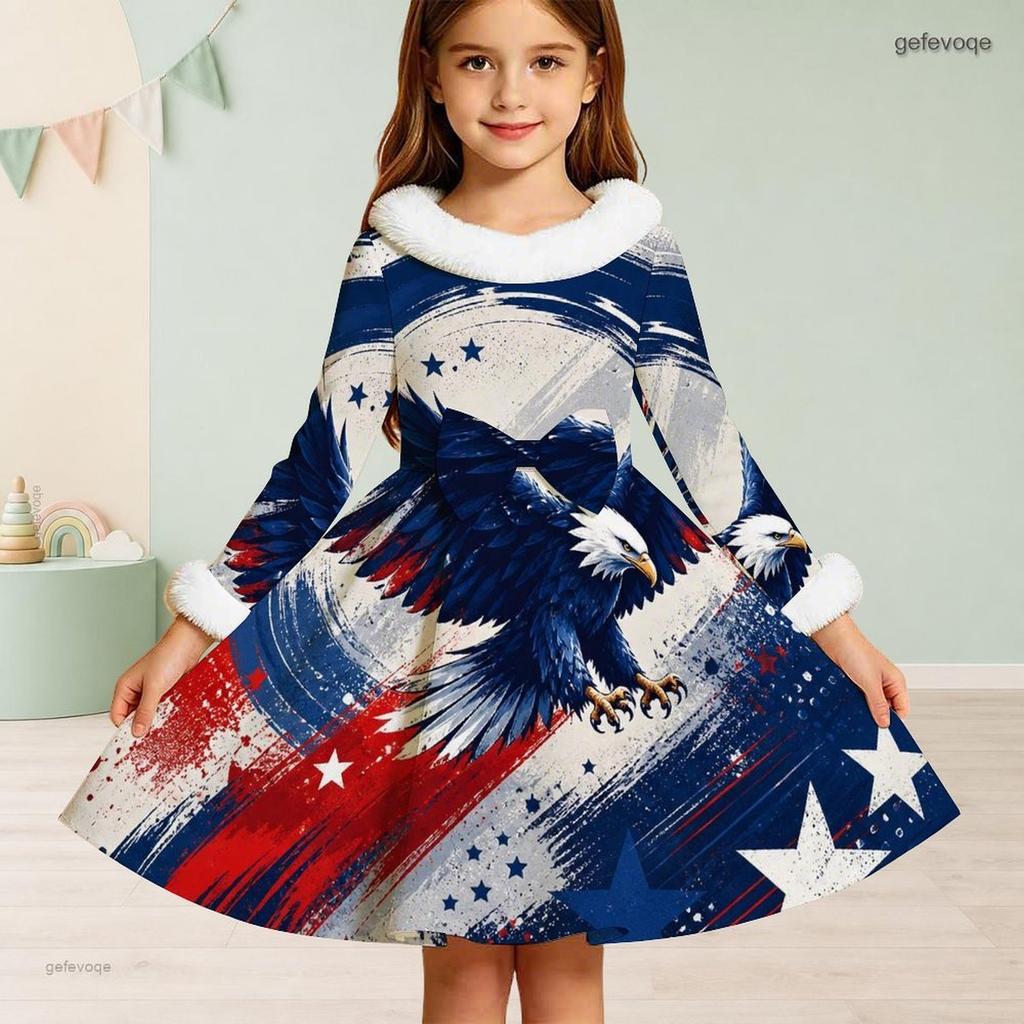 Girls High Neck Long Sleeve Furry Trim Tie Waist Red White Blue Eagle Star Printed A Line Flared Dress