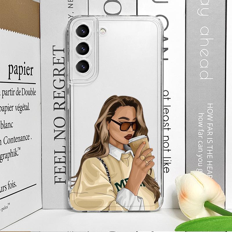 Модная Девушка Женщины Кофе Мисс Прозрачный Чехол для Телефона для Samsung Galaxy S25 S24 S23 S22 S21 S20Plus Ultra FE A55 A54 Мягкая Крышка