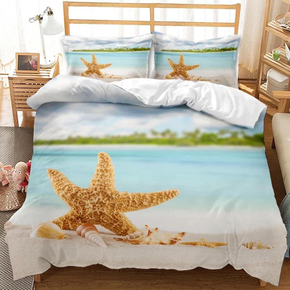 Beach Themed Bedding Set Blue Ocean Duvet Cover Set Starfish Coastal Bedding Beach Queen/King/Full Polyester Comforter Cover