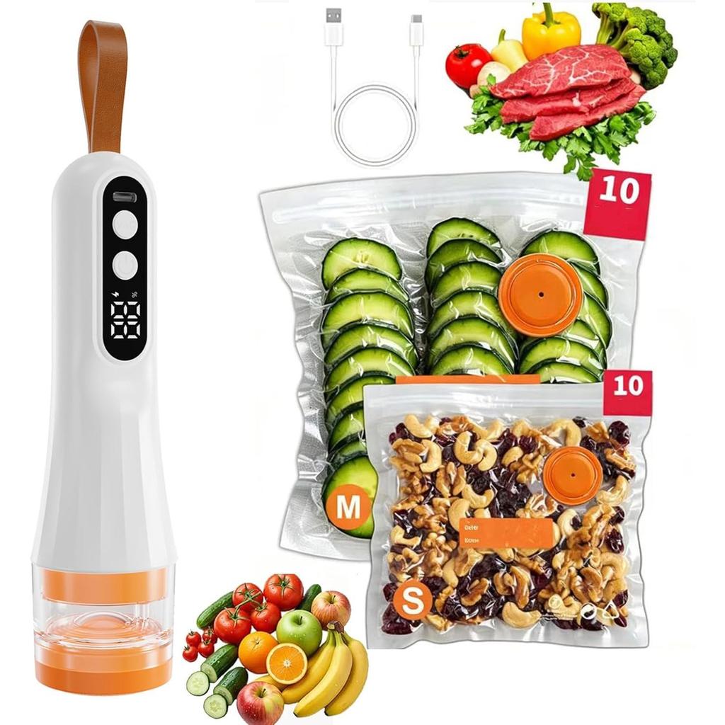 Ручной вакуумный упаковщик, портативный USB-перезаряжаемый вакуумный упаковщик для продуктов с цифровым дисплеем, 20 многоразовых вакуумных пакетов (S / M), Мини-еда с сильным всасыванием