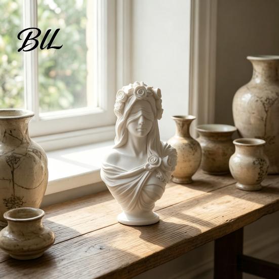 Unique Study Room Table Ornaments 3D Printed Blindfolded Lady Bust Sculpture, White Flower Veil Small Shelf Accents for Home Female Statue,