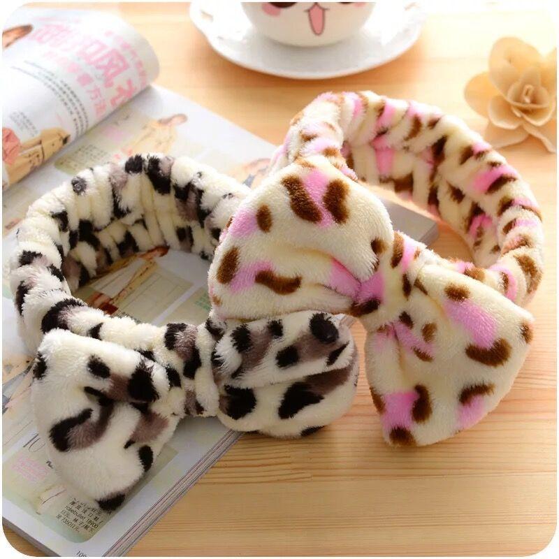 Leopard Makeup Wash Face Headbands for Women Coral Fleece Bow Dot Hairband Turban Knot Elastic Headwrap Girls Hair Accessories
