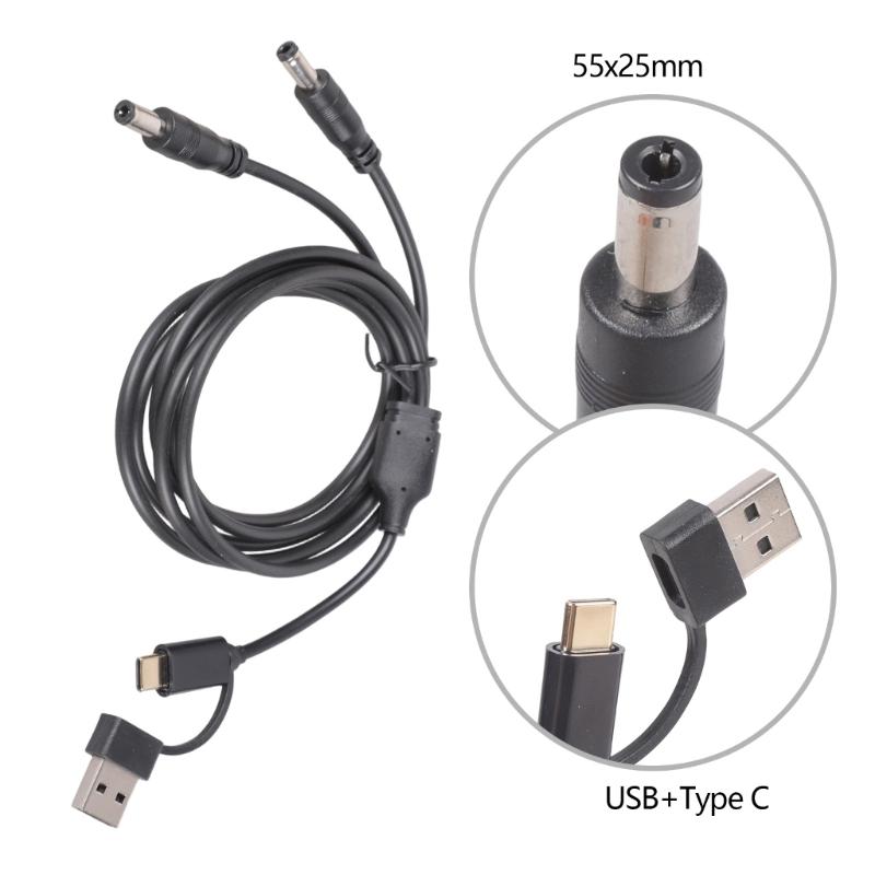 Двойной выход 5.5x2.5 мм Кабель для зарядки с разъемами USB A и Type C Вход Поддержка 5V 3A Длина 1 м Черный