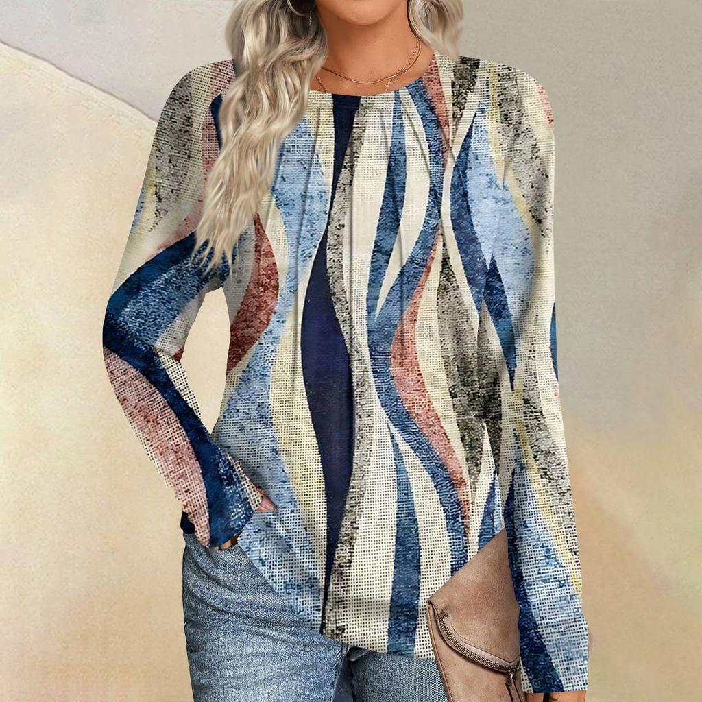 Женская мода повседневная полосатая, цветная пэчворк с длинным рукавом и круглым вырезом