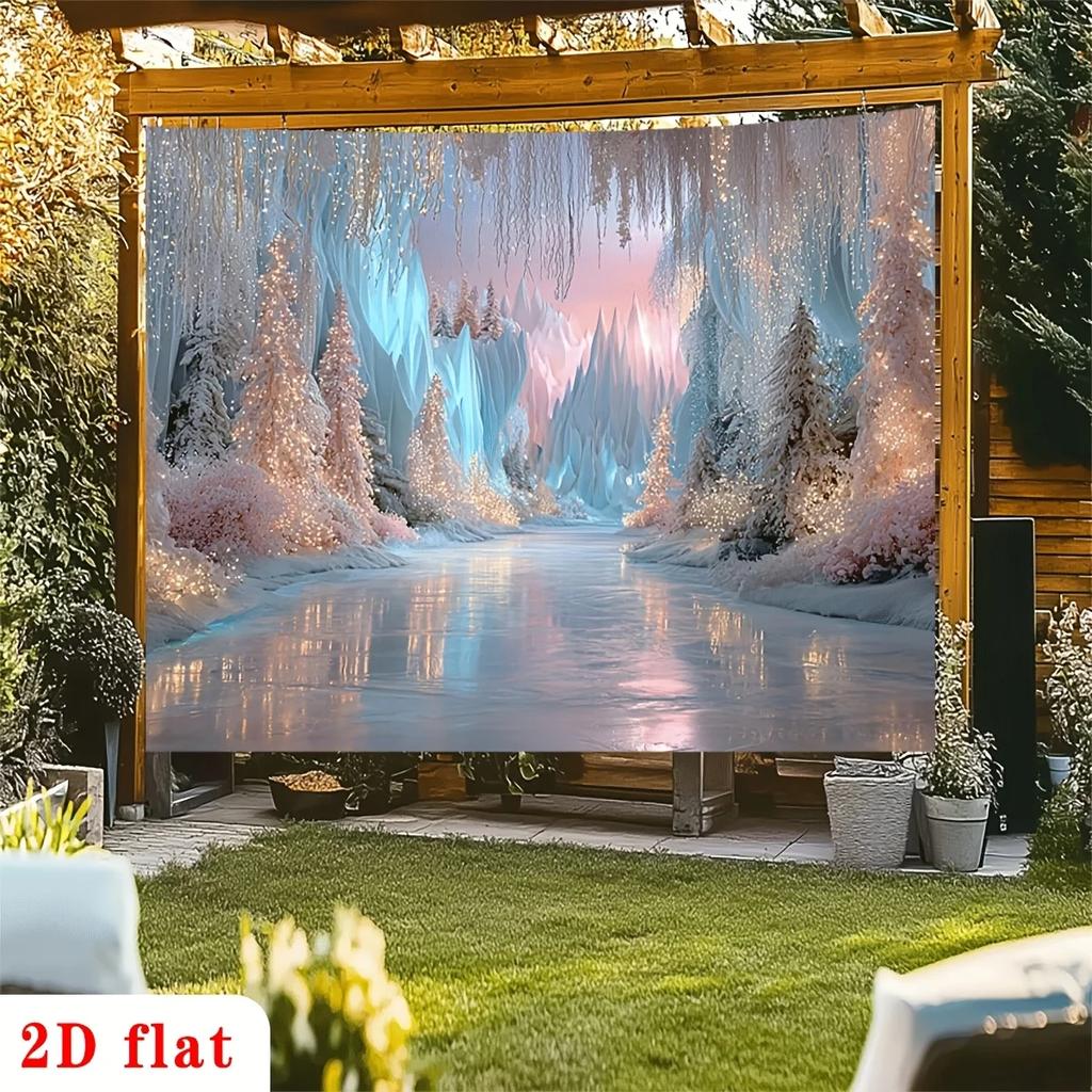 2D flat design 1-piece winter cedar tree banner - warm-toned ice cave background polyester material decorationZL