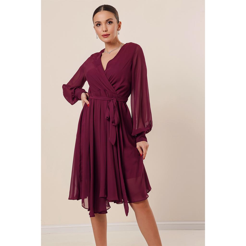 Шифоновое платье с двубортным вырезом и длинными рукавами на подкладке