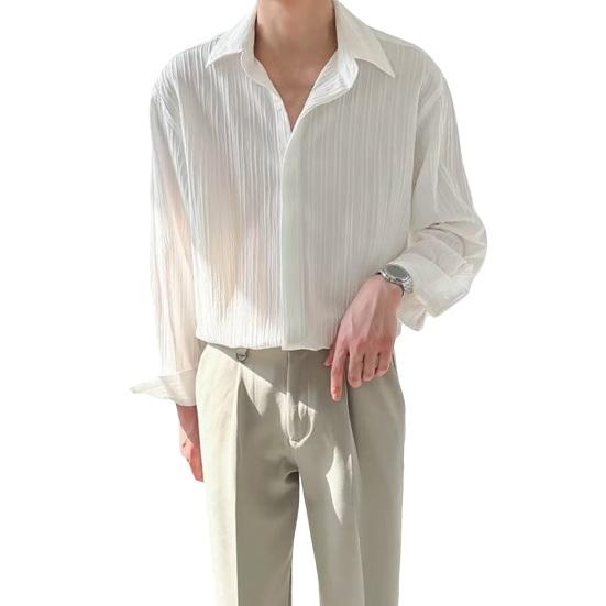 Летняя мужская рубашка с отложным воротником и длинными рукавами, плиссированный однобортный свободный однотонный кардиган на пуговицах, тонкий деловой офис