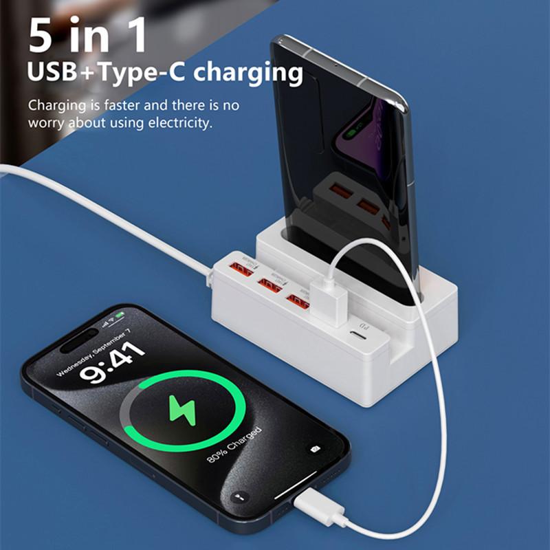 Быстрозарядная станция 65 Вт с несколькими портами, 3 порта USB-A, 1 порт Type-C, встроенная подставка для телефона, усилитель, удлинитель-зарядное устройство для мобильных телефонов, планшетов