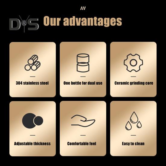 Измельчитель соли из нержавеющей стали. Регулируемая степень грубости. Легко чистится. Двойная головка. Измельчитель 2 в 1 для приправ.