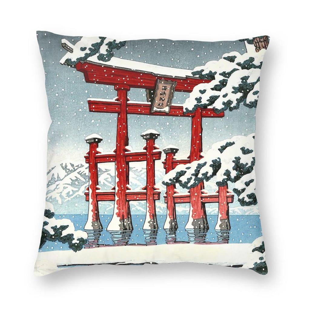 Miyajima Shrine In Snow By Hasui Kawase Square Pillowcase Polyester Linen Velvet Creative Decor Throw Pillow Case Room Cushion