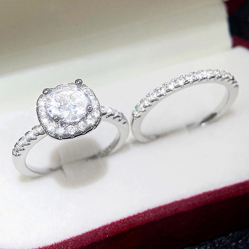 2022 Fashion Luxury Cubic Zirconia Set Rings for Women 2Pcs Crystal CZ Rings Engagement Wedding Bands Accessories Jewelry