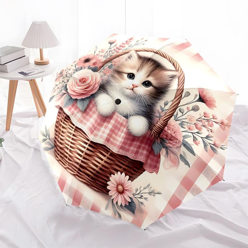 1pc Kitten Basket Flowers Automatic Folding Umbrella, 8 Ribs Iron Frame, Suitable for Outdoor Travel and Daily Use yy251120255