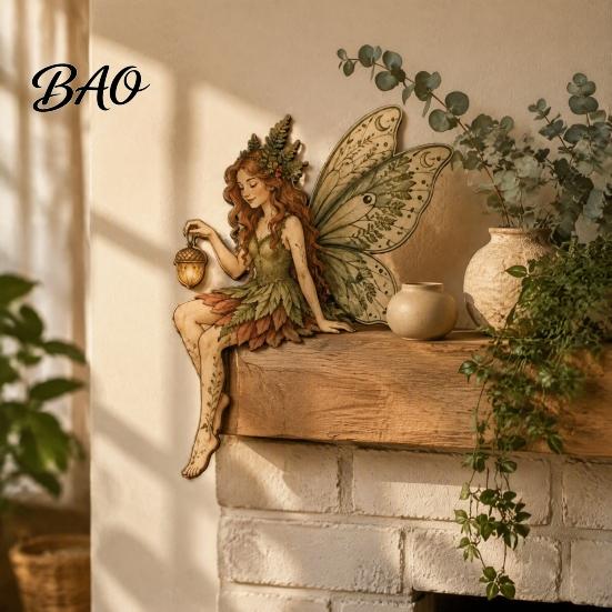 Retro Room Accents Wooden Fairy Door Topper, Winged Woodland Corner Tale Decor Frame Sign for Living Bedroom Entryway Home Elf