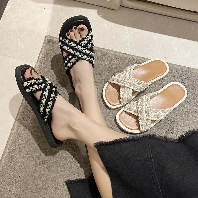 Summer Women's Pearl Flat One-shaped Sandals Slippers Home Casual Round Toe Cross Sandals Summer Women's Slippers Size 35-40
