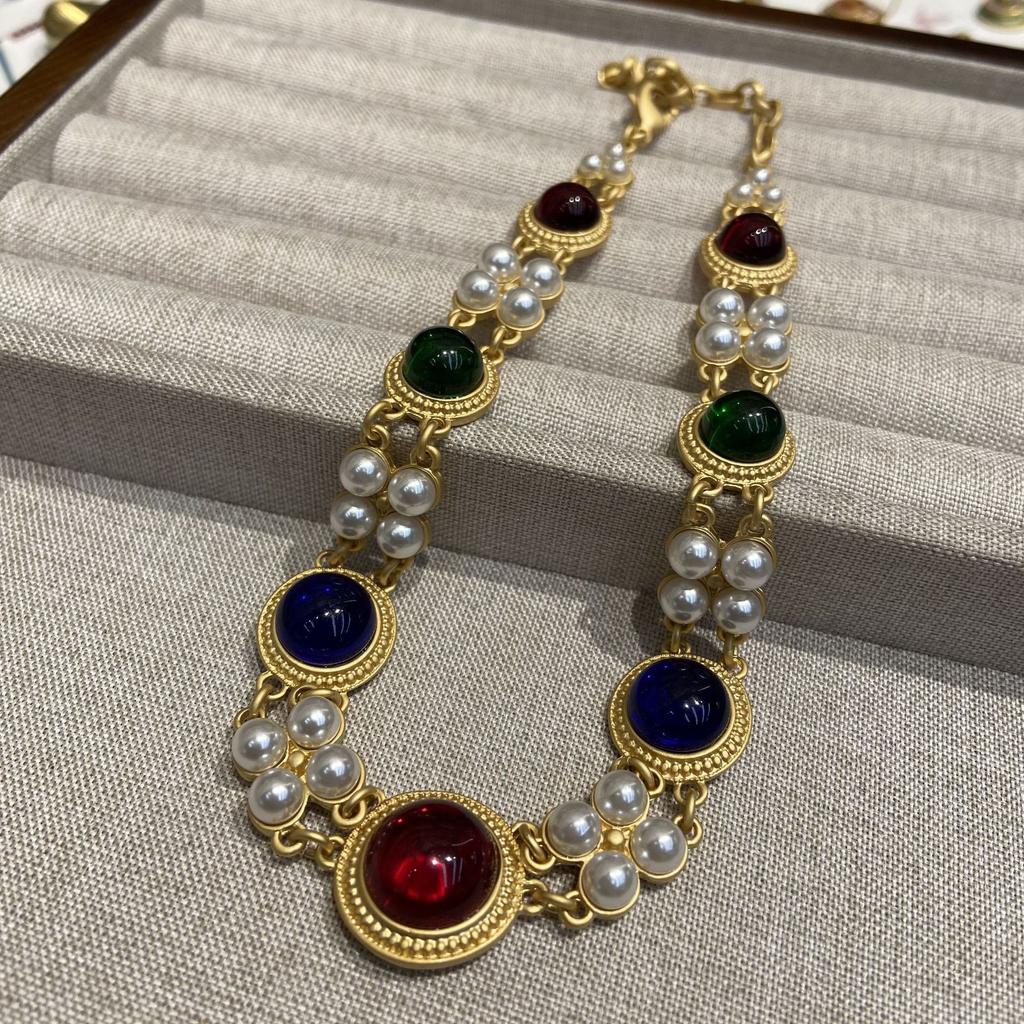 Средневековое ожерелье с цветным круглым глазурованным жемчугом, двойная ключичная цепочка, винтажное ожерелье в стиле суда