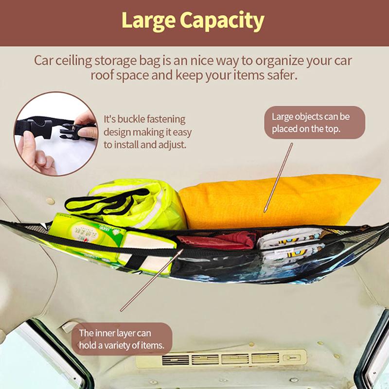Triangular Ceiling Storage Net Double-Layer Mesh Net Anti-Fall Suv Roof Organizer Adjustable Car Interior Cargo Storage Bag