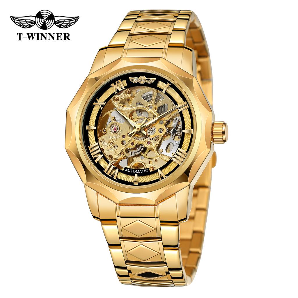 Полигональные мужские механические часы Fashiona Hollowed Out Automatic Watch из нержавеющей стали Skeleton Wristwatches Gold Color Relojes