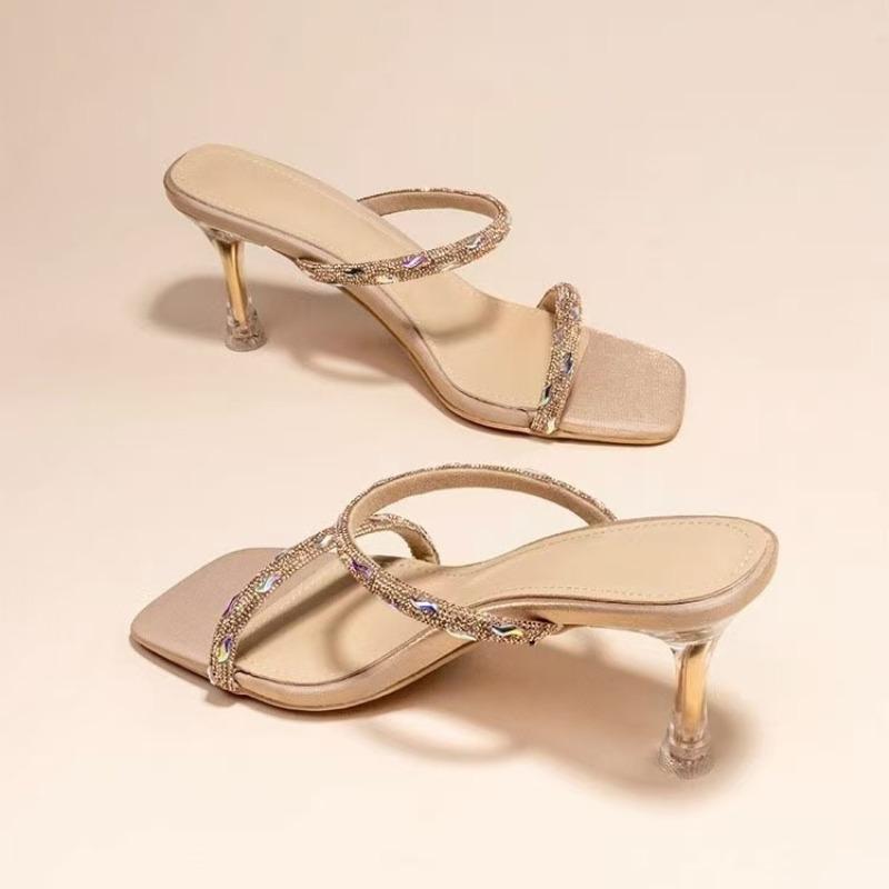 Fashion Summer Fashion Stiletto Slippers Square Open Toe Glitter Thin Strap Set Foot Anti-slip Wear-resistant Heels