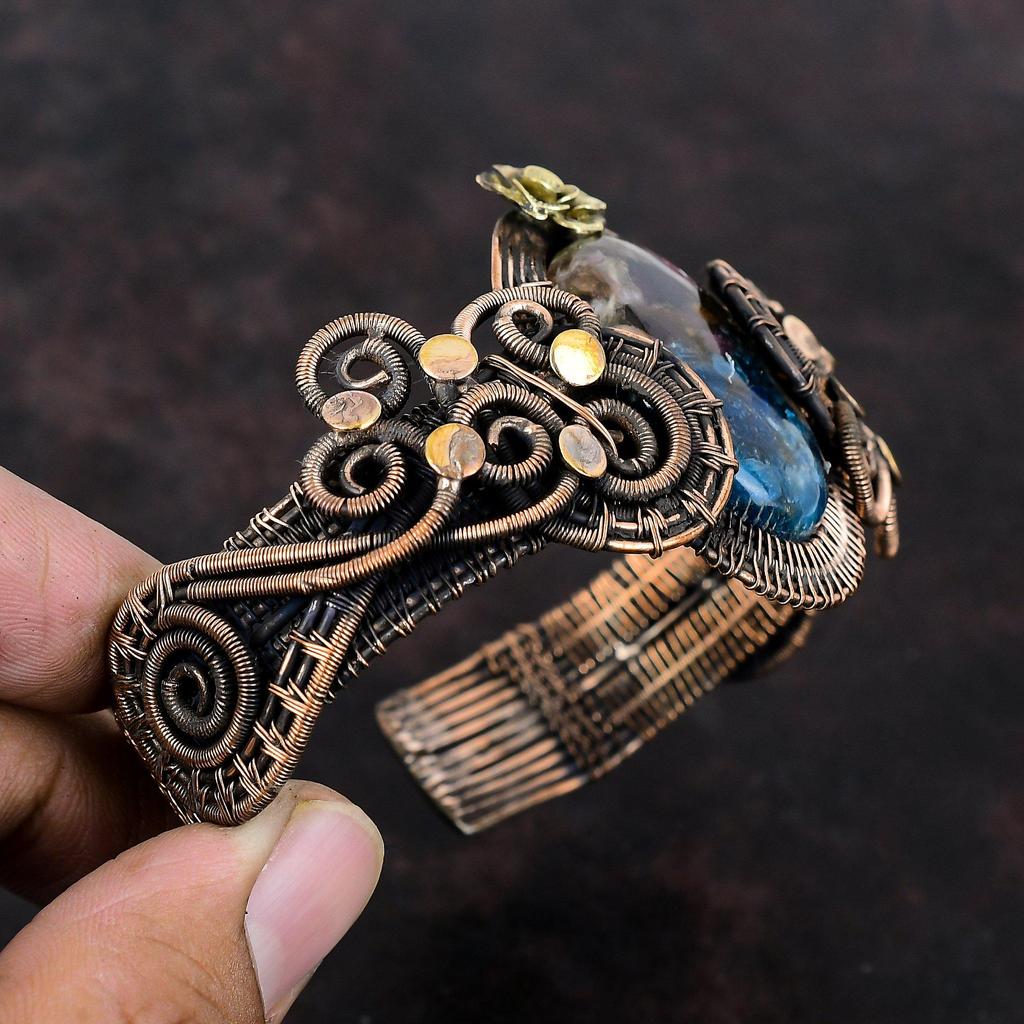 Copper Watermelon Tourmaline Bangle Copper Wire Wrapped Gemstone Cuff Bracelet Handmade Adjustable Bangle Gift For Her Flower Copper Jewelry