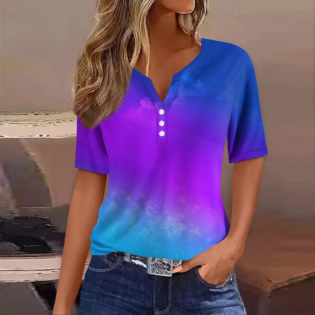 Женская футболка Футболка Принт Пуговица Короткий рукав Повседневная Мода для выходных Базовая V-образный вырез Обычный топ
