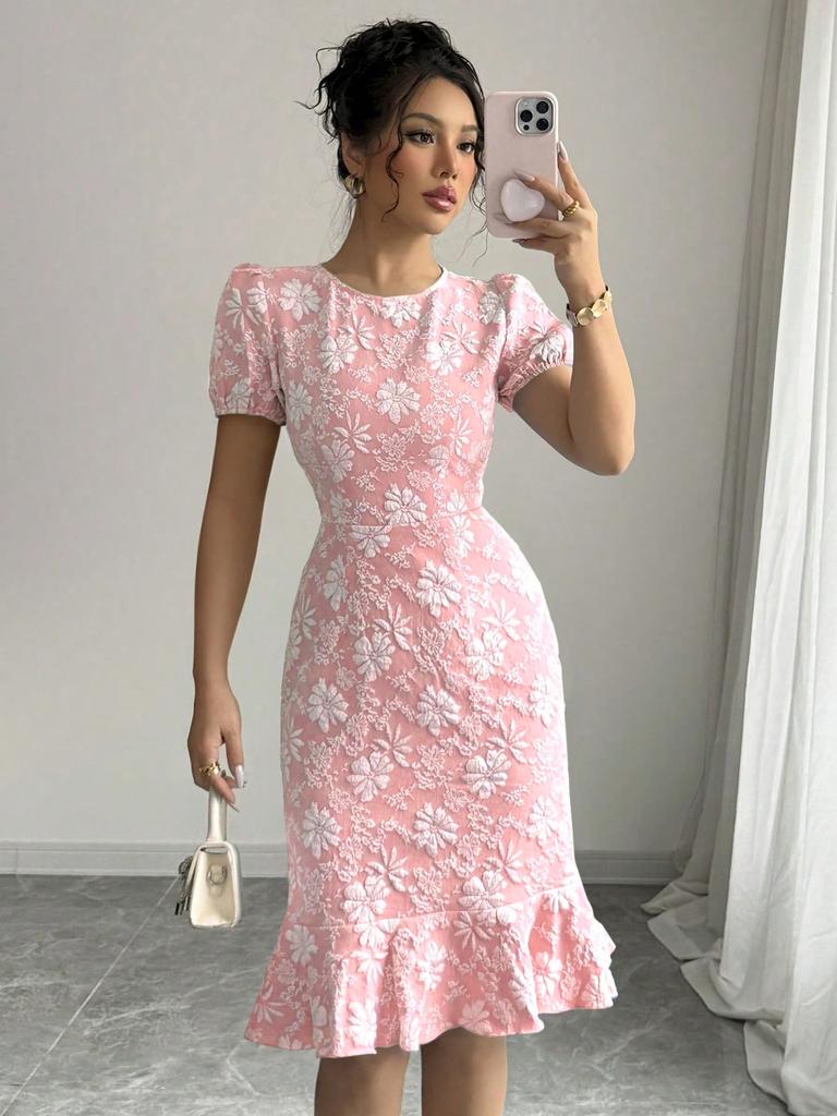 2026 summer new French blue floral bubble sleeves waist and thin temperament dress