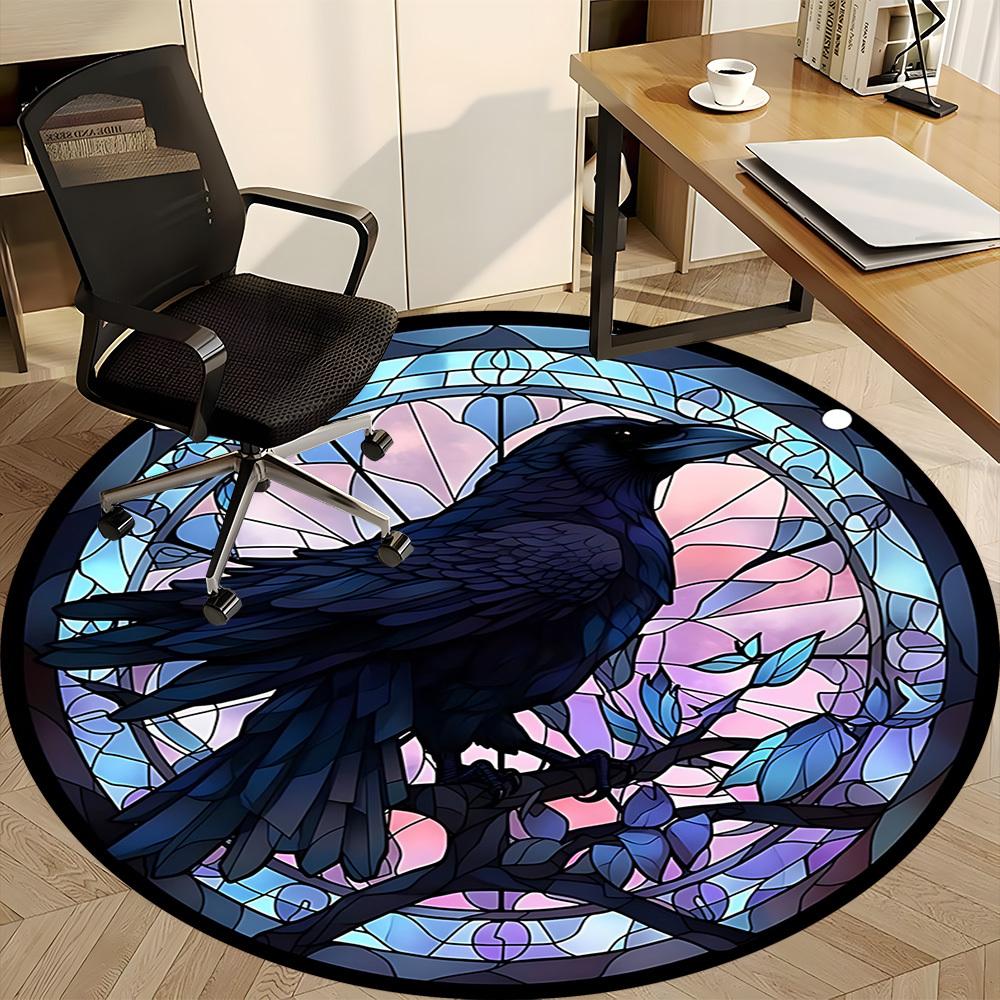 1PC Raven Artwork Office Round Rug, Non slip, Soft and Durable Office Rug for Interior Decoration, Perfect for Office