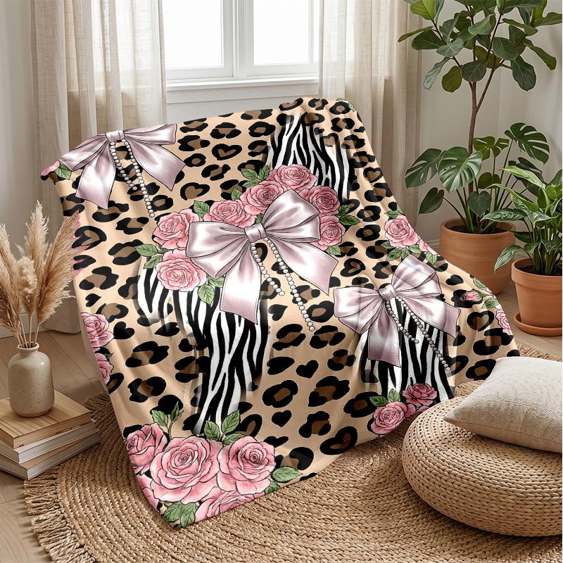 Leopard Roses and Bows Theme blanket Lightweight Warm Flannel Blanket Decorative Throw Blanket for Home Decoration